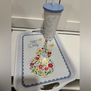 Dolly Parton Butterfly Print Tumbler with Blue Lid and tray